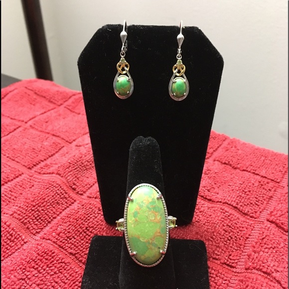 Mojave Green Turquoise/Peridot Earrings/ Ring Set 925 -  14K Goldplated. - Picture 1 of 17